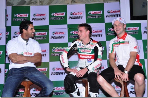 Castrol Brand Ambassador John Abraham with Alex Lowes(l) and Jonathan Rea(r) at the Relaunch of Castrol Power1 in Mumbai 2