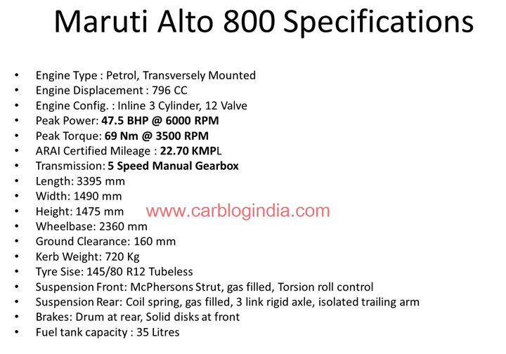 Maruti Alto 800 Detailed Specifications