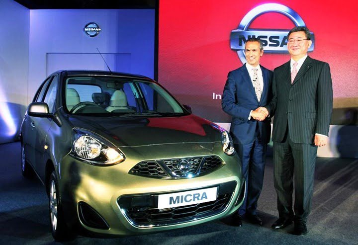 Kenichiro Yomura, President of Nissan India, and Moez Mangalji, Chairman, Hover Automobiles, announce the launch of the new Nissan Micra, in Mumbai, India on July 3, 2013. The nation-wide sales for New Nissan Micra and Micra Active, built with Nissan's versatile 'V' platform, will commence with immediate effect. 