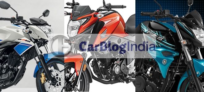 Honda CB Hornet 160R vs Suzuki Gixxer vs Yamaha FZ-S comparison price, specs, features, design, details