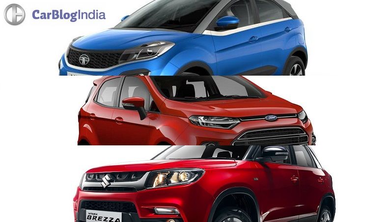 tata nexon vs vitara brezza vs ecosport comparison of price, specifications, features, design