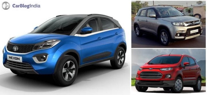 tata nexon vs vitara brezza vs ecosport comparsison price, images, specs