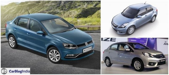 Volkswagen Ameo vs Maruti Swift Dzire vs Honda Amaze comparison pricel, specifications, mileage, dimensions, engine, design, features