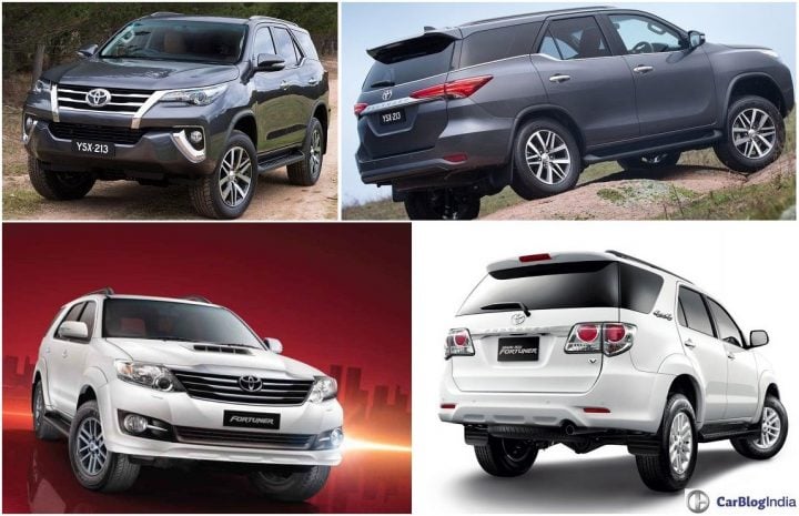 Toyota Fortuner Old vs New comparison design, interiors, features, specs, price, launch details