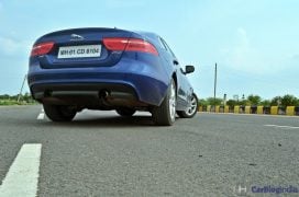 Jaguar xe test drive review rear angle low 1