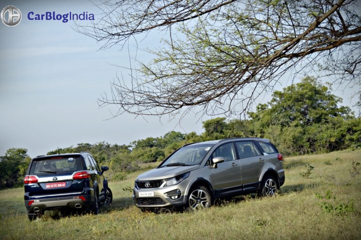 tata hexa test drive review images blue beige side profile