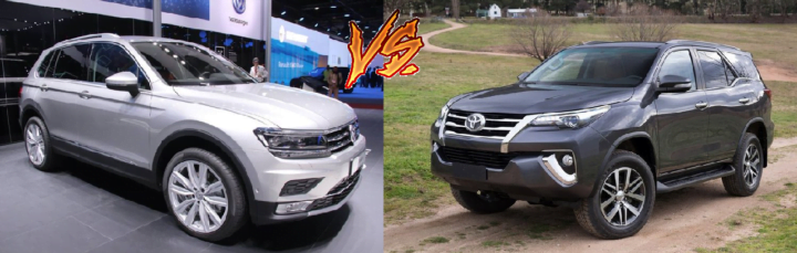 volkswagen tiguan vs toyota fortuner comparison front angle image