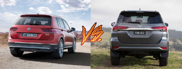 volkswagen tiguan vs toyota fortuner comparison rear angle image