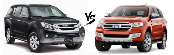 isuzu mu x vs ford endeavour comparison front angle