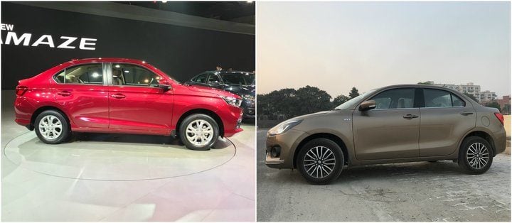 New Honda Amaze vs 2018 Maruti Suzuki Dzire side profile