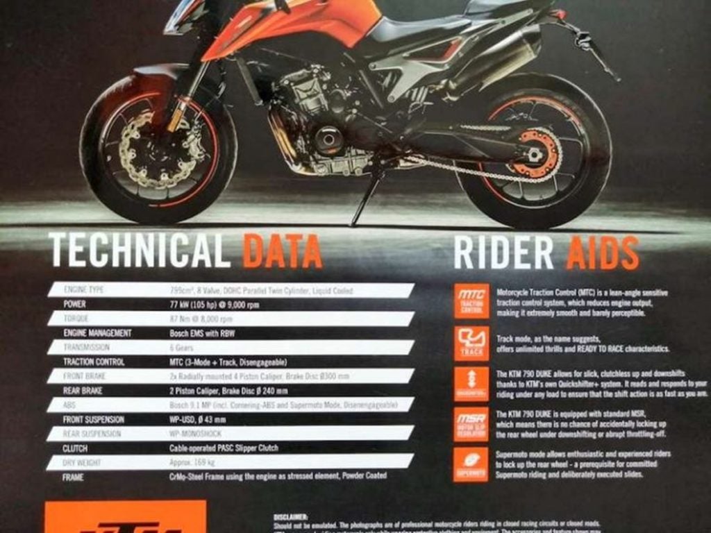 India-spec KTM Duke 790 brochure leaked; specs revealed