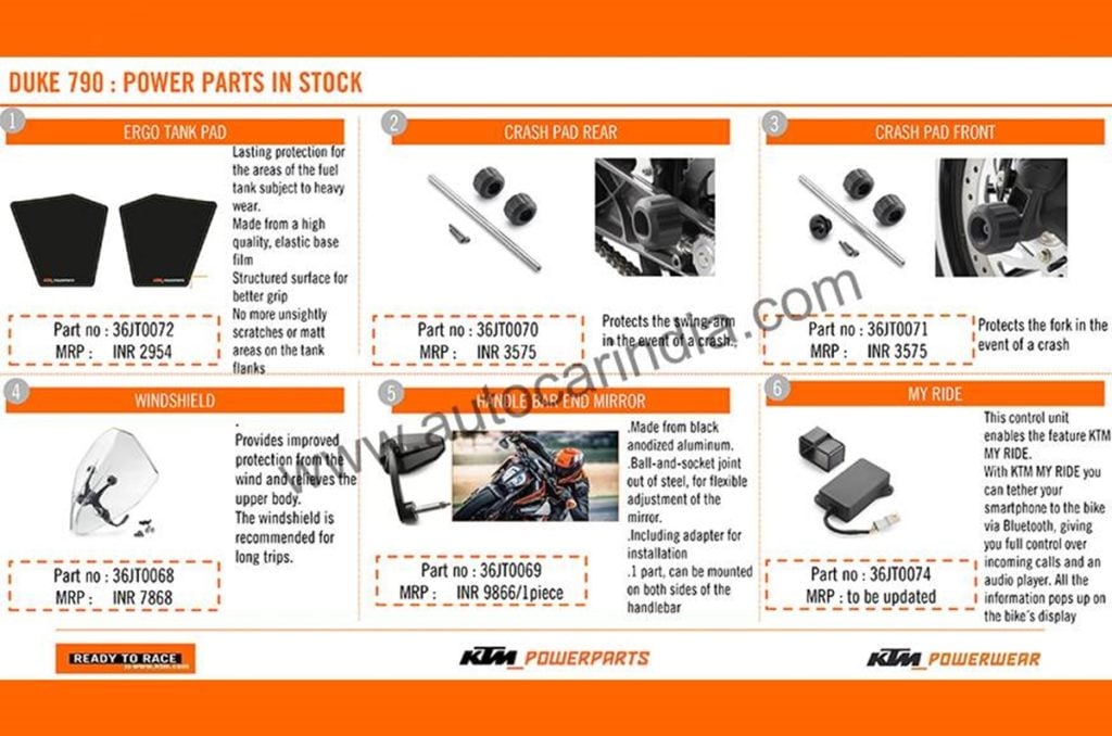 KTM Duke 790 List of official accessories