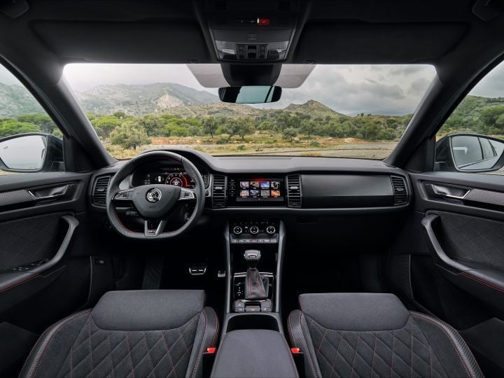 The interiors get an all-black treatment in the Kodiaq RS. 