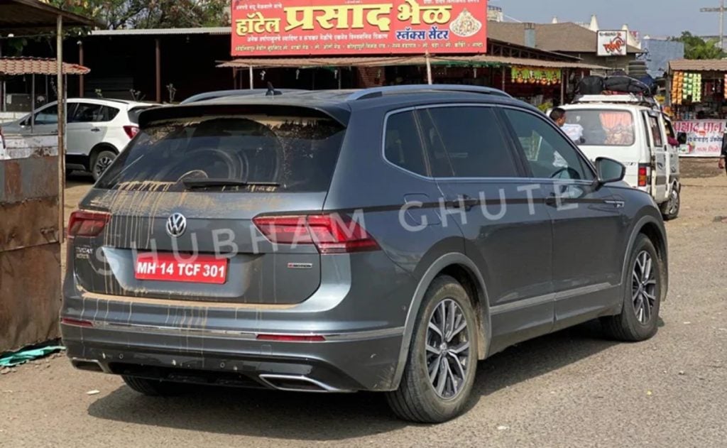 Volkswagen Tiguan AllSpace spied testing in India in top-spec R-Line Variant. 