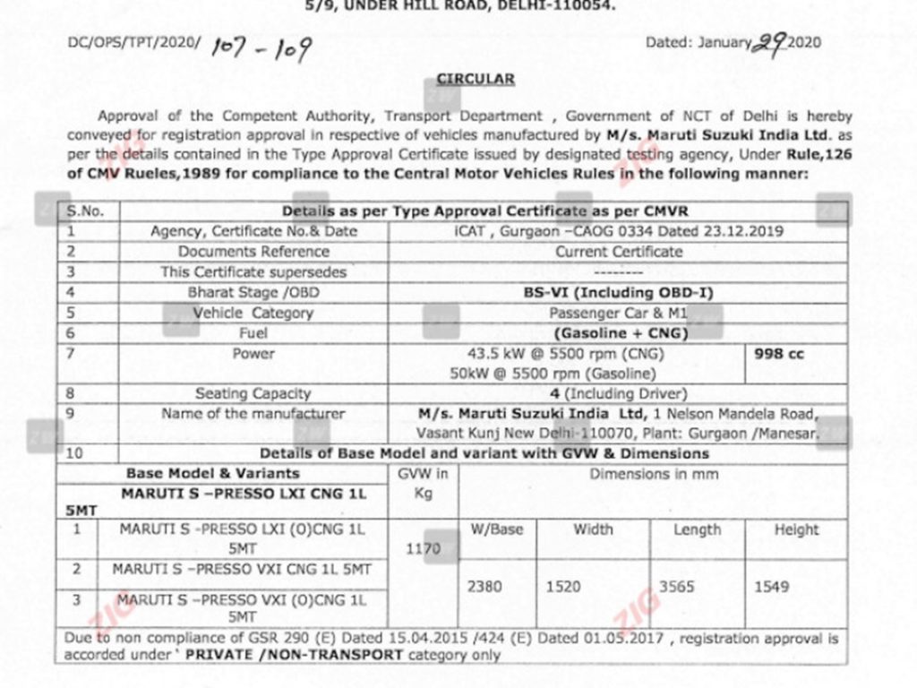 Leaked RTO document reveals specifications and variants of Maruti Suzuki Espresso CNG