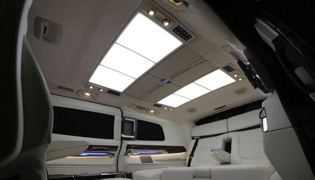 The V-Class comes with paneled lights, center console with refrigerator and tray tables, four seats facing each other fraped in the finest leather.