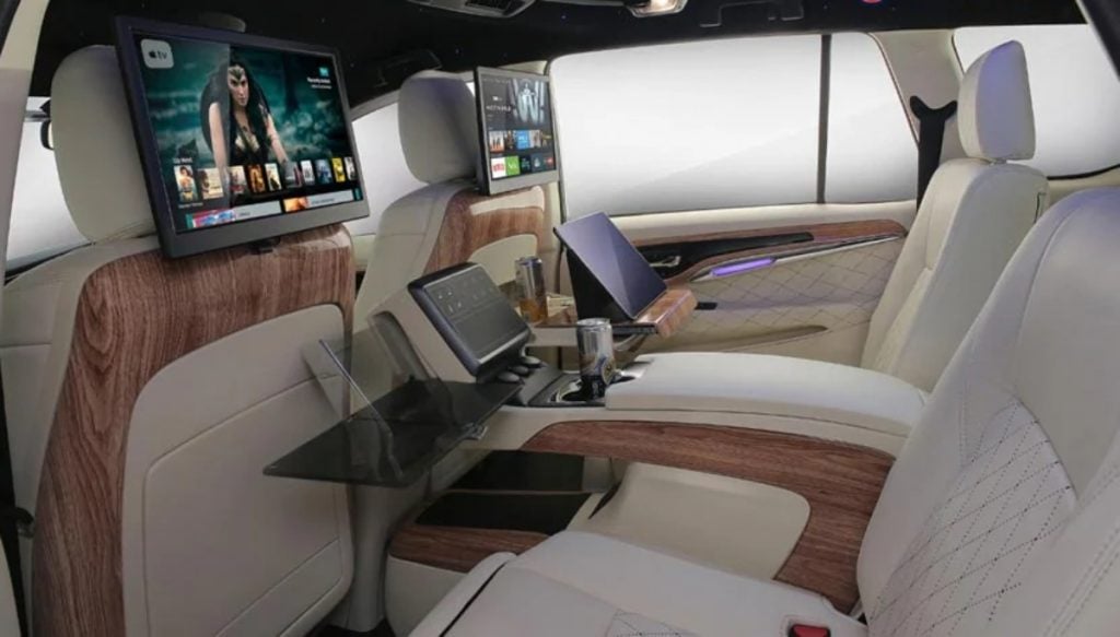 It comes with leather draped arm chair-like seats and as many as four digital screens. 
