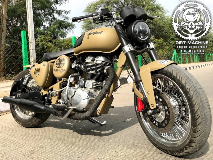 This motorcycle started life as a Royal Enfield Classic 500 Desert Storm variant. 