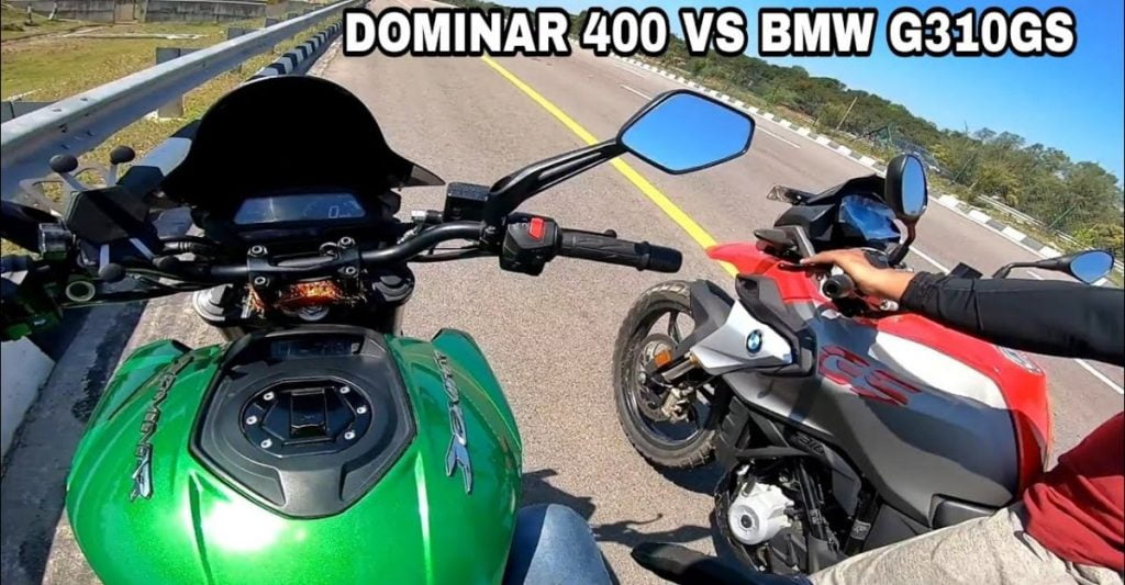 Voici une course de drag intéressante entre une Bajaj Dominar 400 et une BMW G310 GS. 