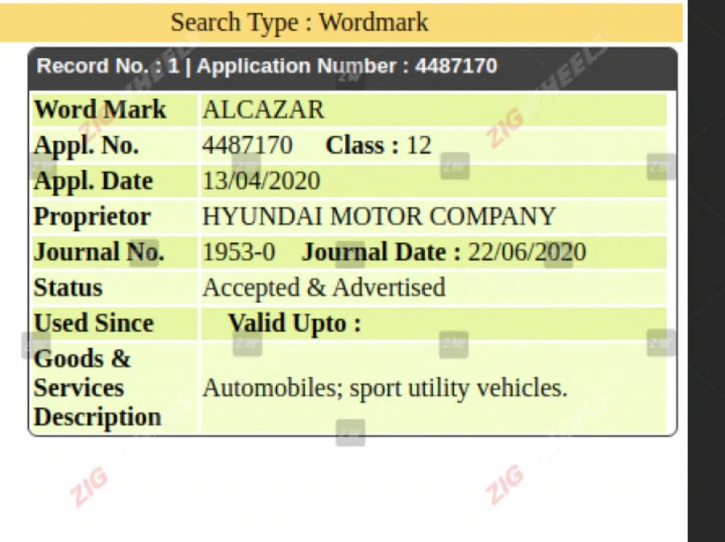 Hyundai has trademarked a new name called the Alcazar in India.