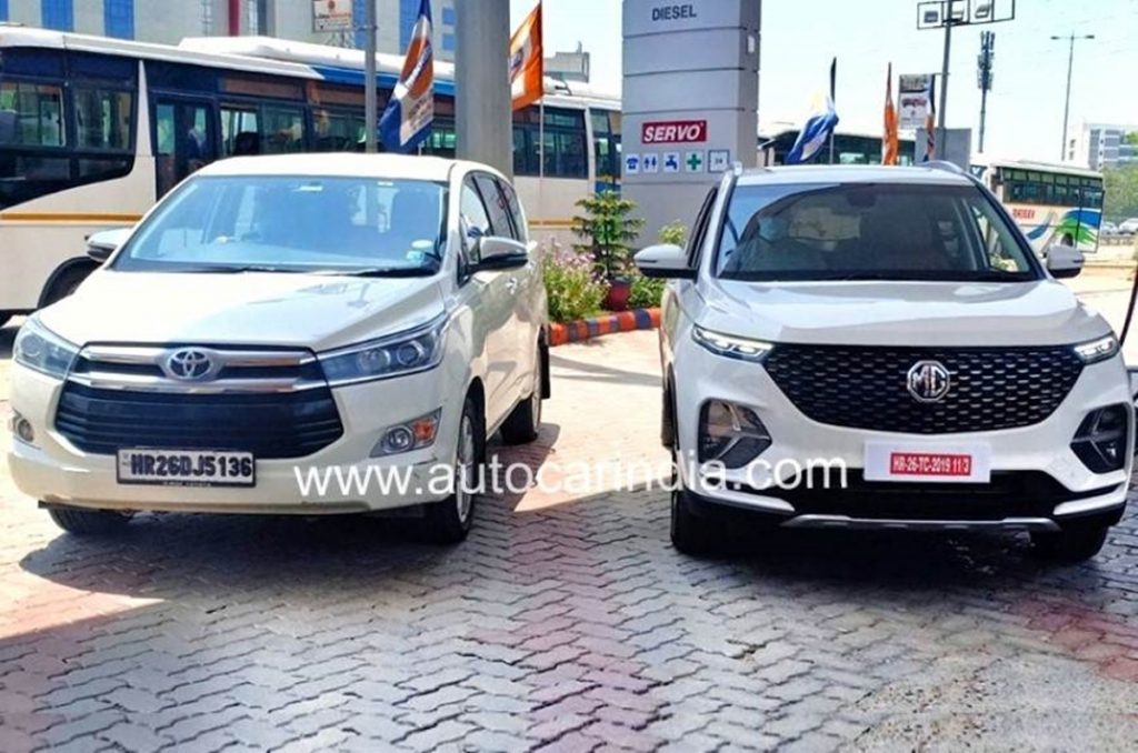 MG Hector Plus spied on a benchmarking test with the Toyota Innova Crysta.
