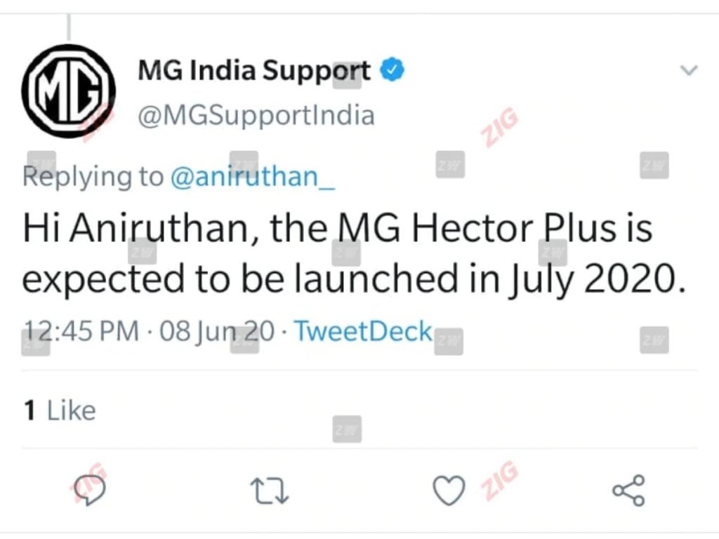 MG Motors a tweeté qu'ils prévoyaient de lancer le Hector Plus d'ici juillet 2020. 