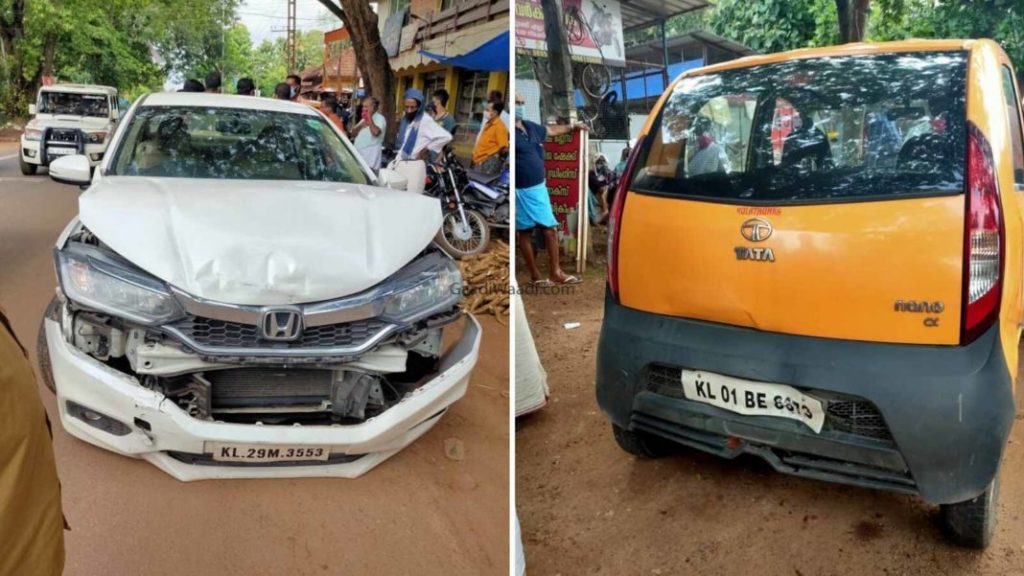 Honda City and Tata Nano involved in accident - damages on the cars are shocking. 