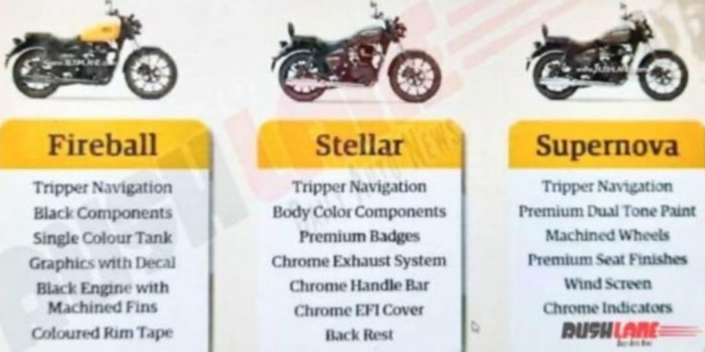 A leaked brochure reveals that the Royal Enfield Meteor 350 will be available in three variants. 