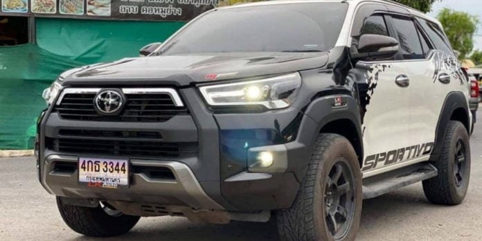 This Fortuner is wearing the body kit of the 'Invincible' variant of the Hilux. 