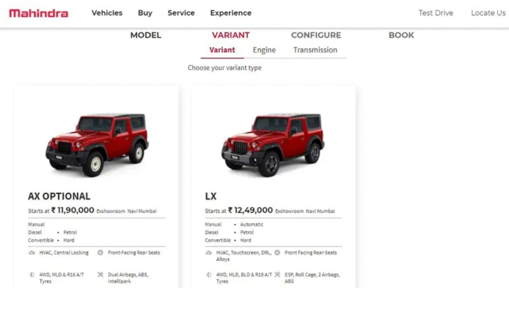 Actuellement, seules les variantes AX Optional et LX du nouveau Thar sont en vente en Inde.