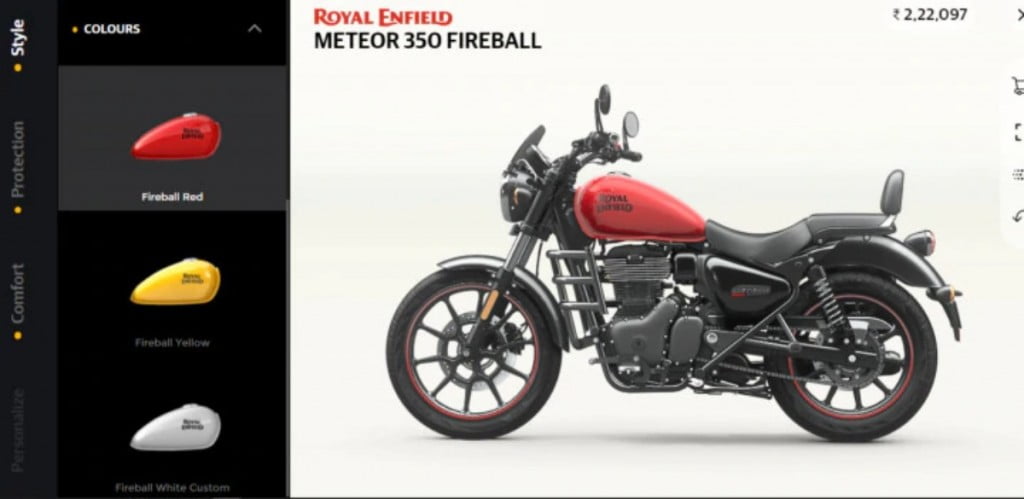 The custom colors on the Meteor 350 Fireball will set you back by Rs 2,703 more.