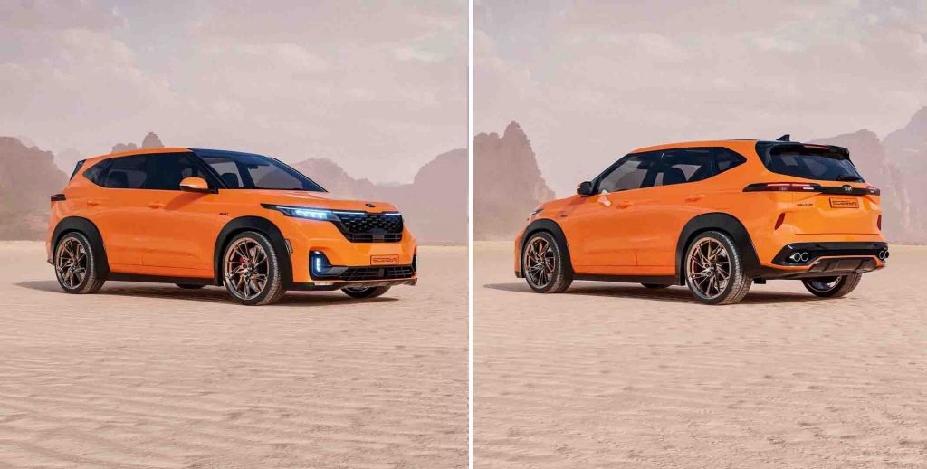 2022 kia seltos facelift front rear three quarters images