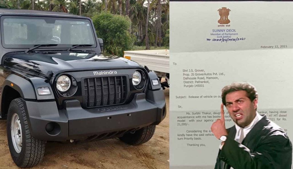 mahindra thar delivery sunny deol