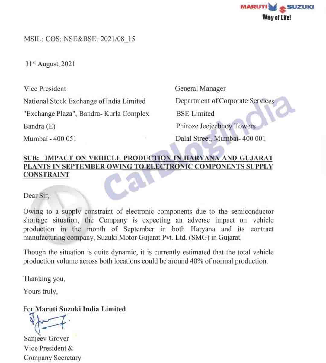 maruti suzuki production cut letter images