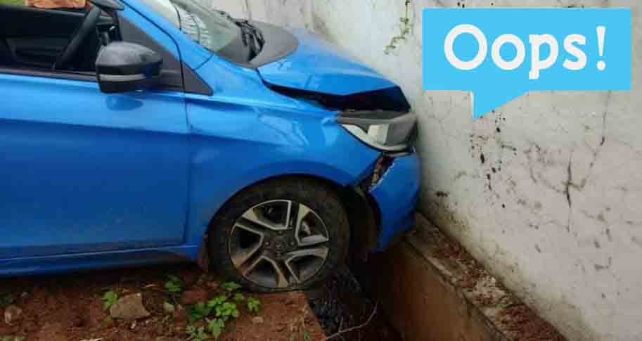 tata tiago accident brick wall