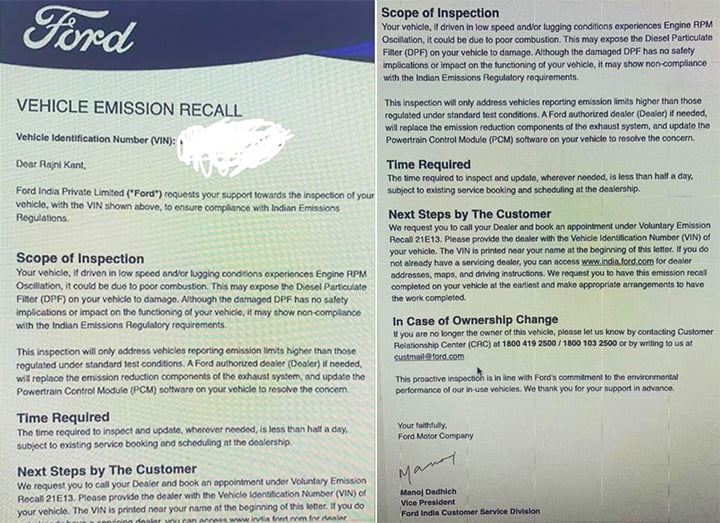 Ford EcoSport Owner Gets Recall Notice, Service Centre CLUELESS