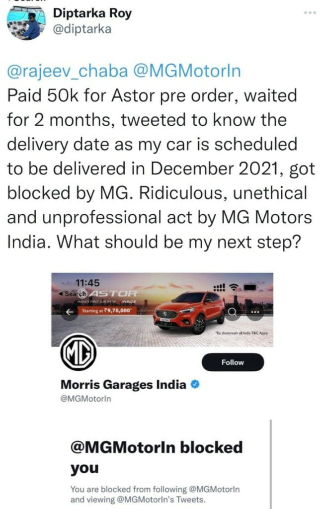 MG India Blocks Man