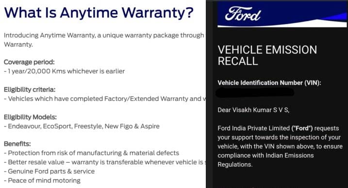 ford anytime warranty recall india