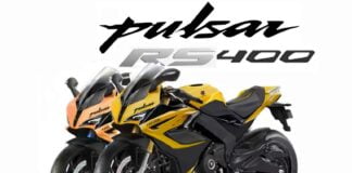 bajaj pulsar rs400 images red yellow front three quarters