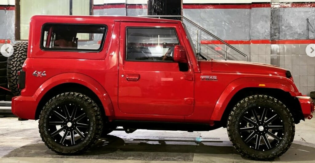 india's first all-red Mahindra Thar with 22-inch black alloy wheels