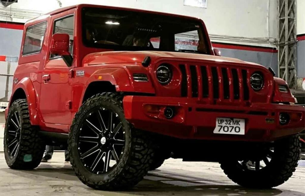 india's first all-red Mahindra Thar with 22-inch black alloy wheels