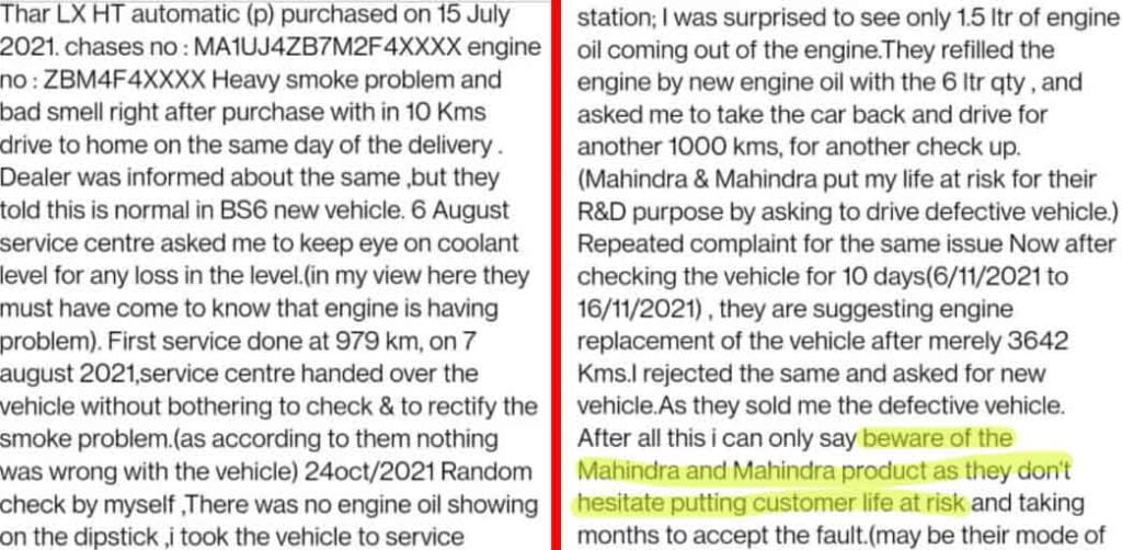 Aggrieved Mahindra Thar Owner Accuses Company of'Putting Customer's Life at Risk'