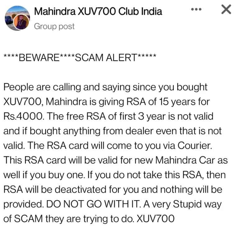 mahindra xuv700 rsa scam message