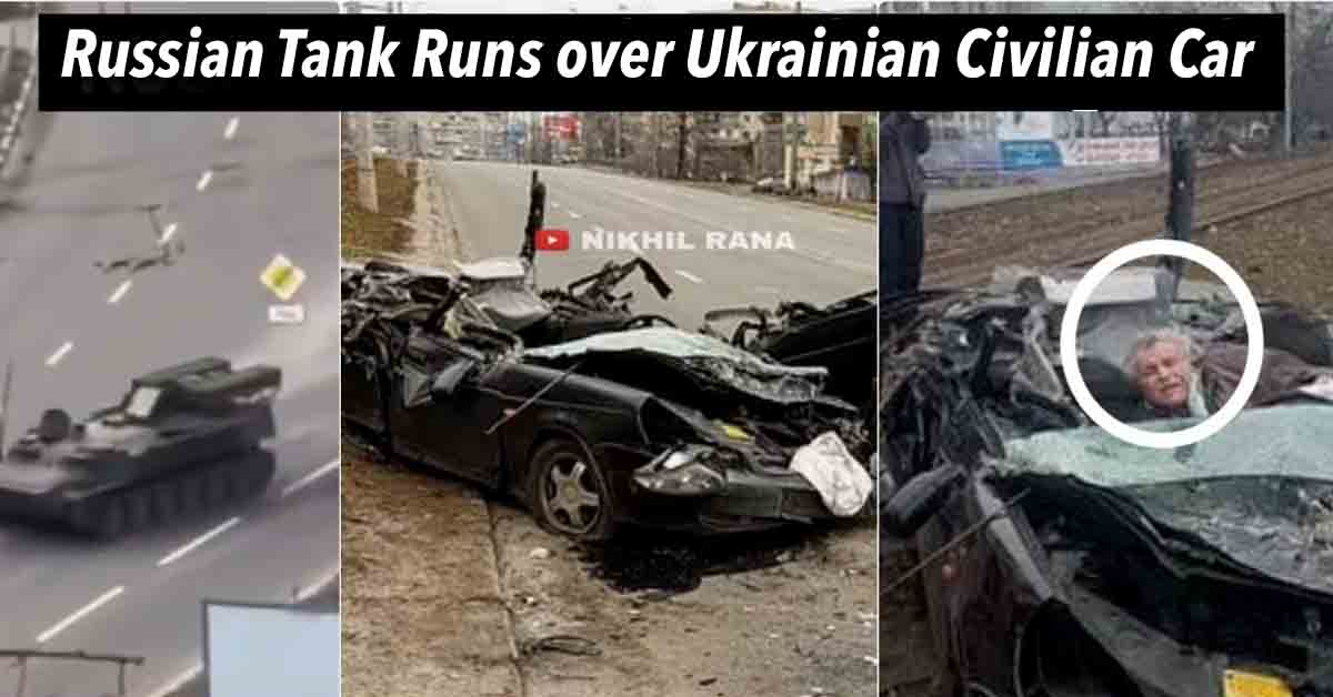 russian tank runs over civilian car