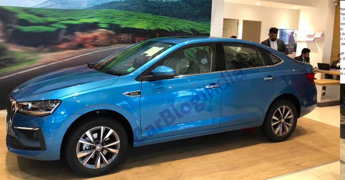 skoda slavia dealership front side profile blue