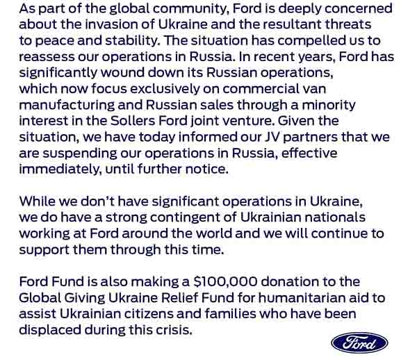Ford Suspends Operations in Russia, Donates  $100,000 for Ukraine Relief