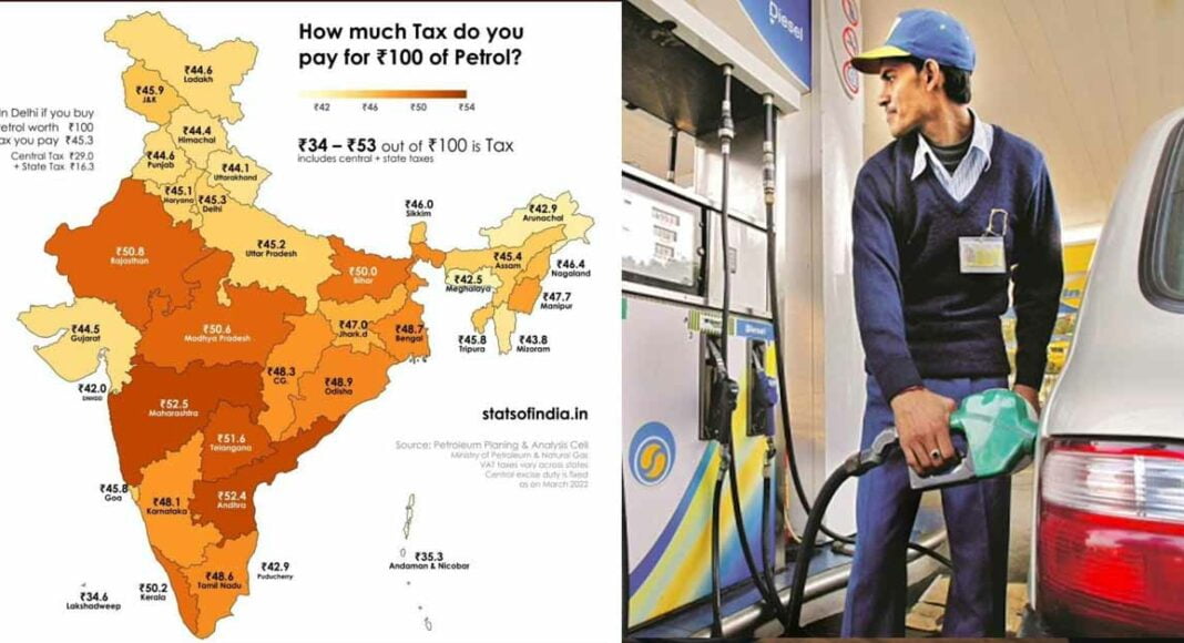 state wise tax on rs 100 petrol