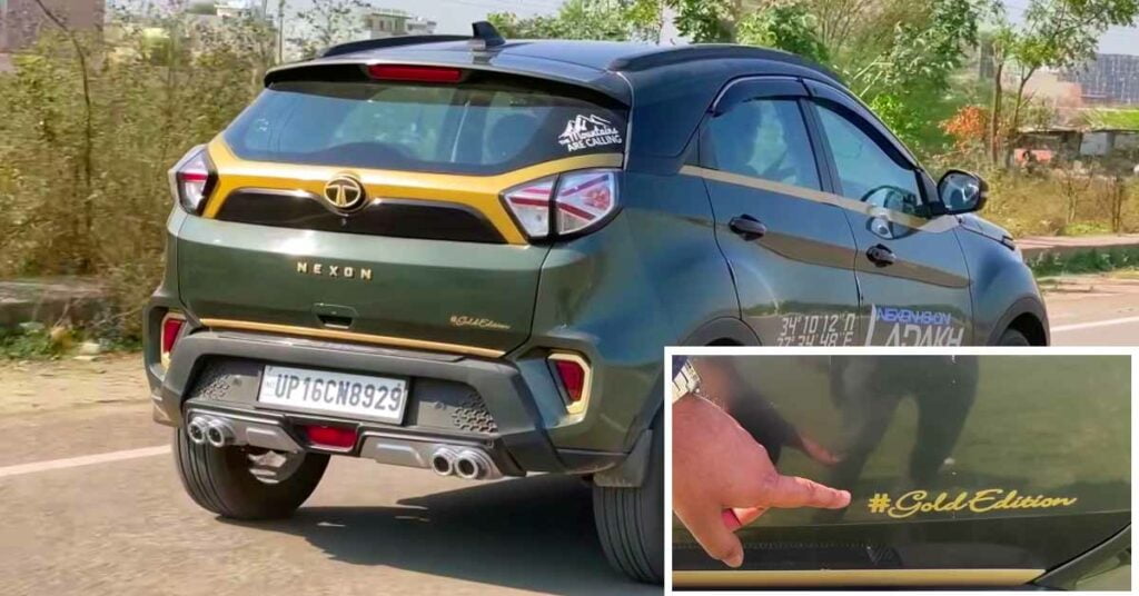 tata nexon gold edition rear three quarters