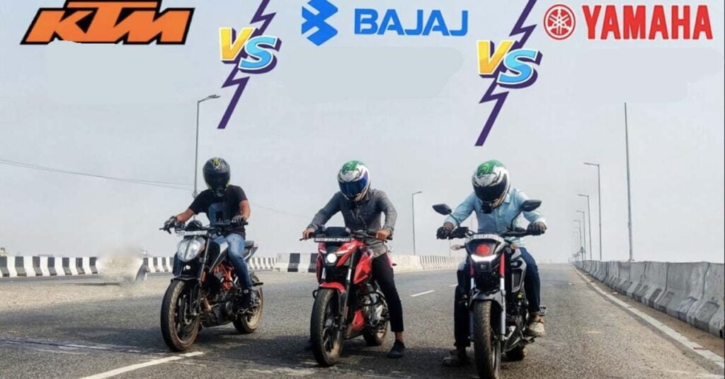 KTM Duke 250 vs Bajaj Pulsar N250 vs Yamaha FZ25 - Drag Race