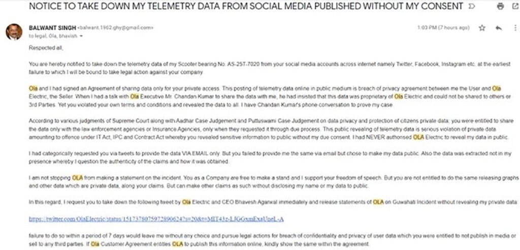 ola electric legal notice balwant singh